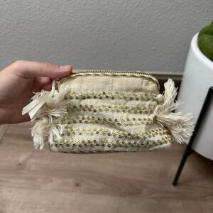 By Anthropologie Gold Sequin Tassel Zip Up Pouch